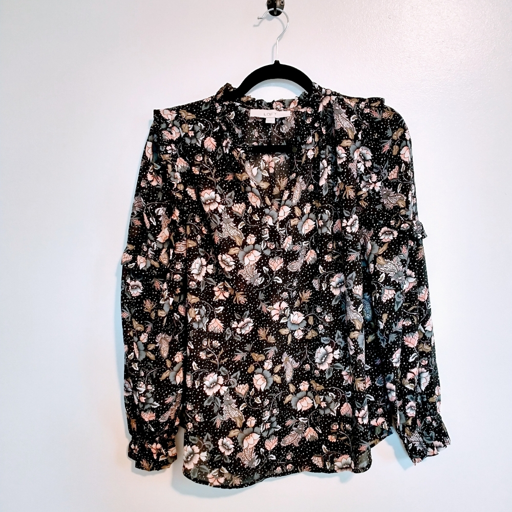 Black floral paisley long sleeve ruffle blouse, loft, size xxs